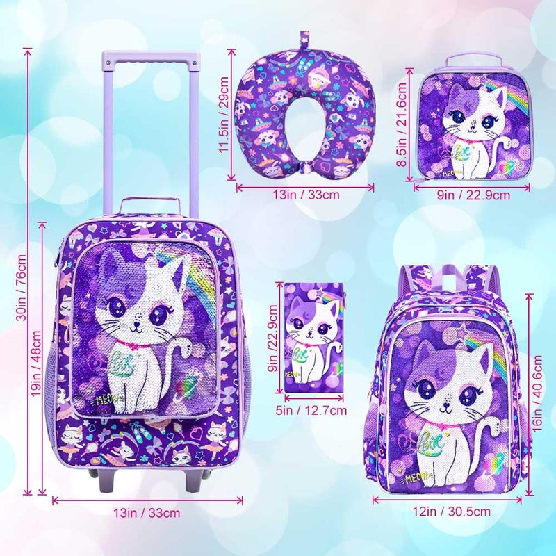 UFNDC 5PCS Kids Suitcase Set for Girls, Cute Sequins Cat Rolling Luggage, Travel Carry-On for Toddlers & Elementary Children - Image 4